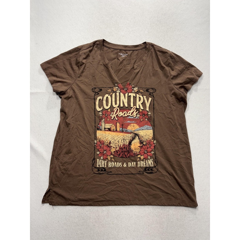 Maurices Shirt Womens XXL Brown Country Roads Graphic V Neck Tee Western Casual